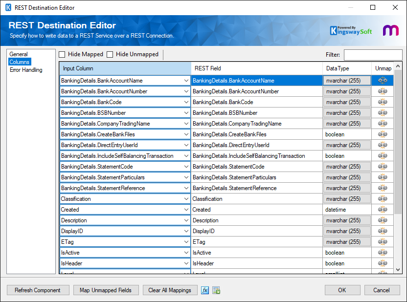 SSIS REST MYOB Destination - Columns